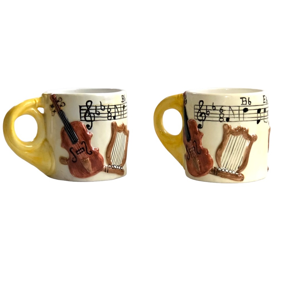 Vintage Coffee Mugs Hand Painted Set of 2 Orchestra Musical Instruments Pair